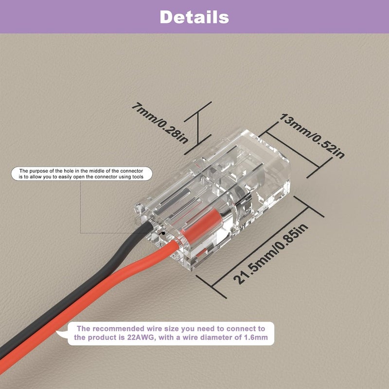 MIWISE 8mm Connectors Kit for 2-Pin COB LED Strip,20Pcs Strip-to-Wire Connectors,Solderless Extension Connectors for 5V/9V/12V/24V Single Color COB LED Strip Lights,for DIY Lighting Projects - Image 3